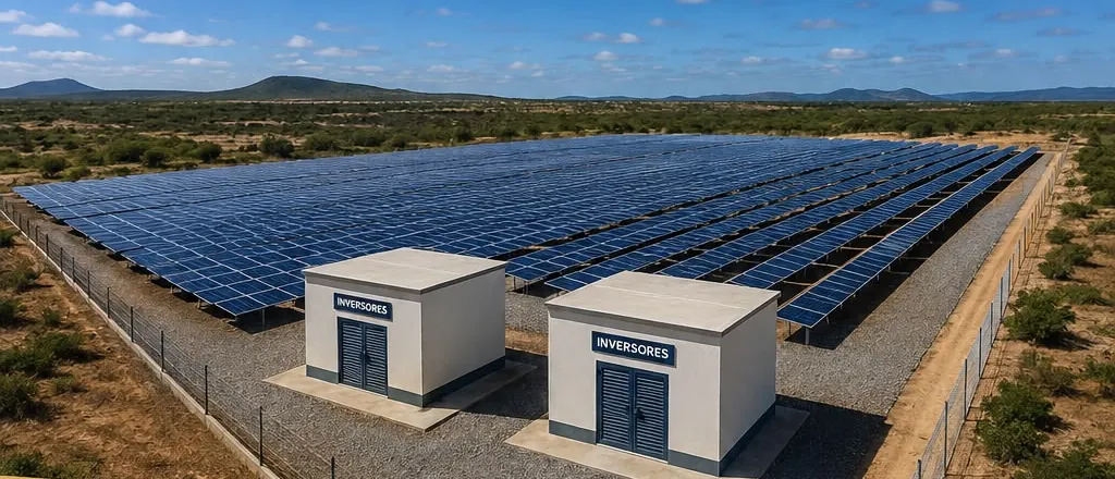 Vista aérea de usina solar do Grupo BCM, com fileiras de módulos fotovoltaicos e cabines de inversores